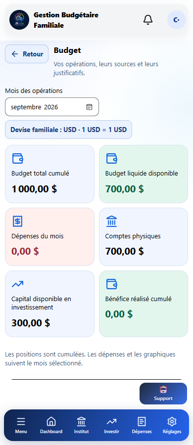 Écran réel Budget & devise familiale avec des données de démonstration.