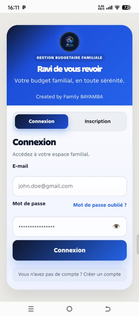 Écran de connexion réel de Gestion Budgétaire Familiale avec les onglets Connexion et Inscription.