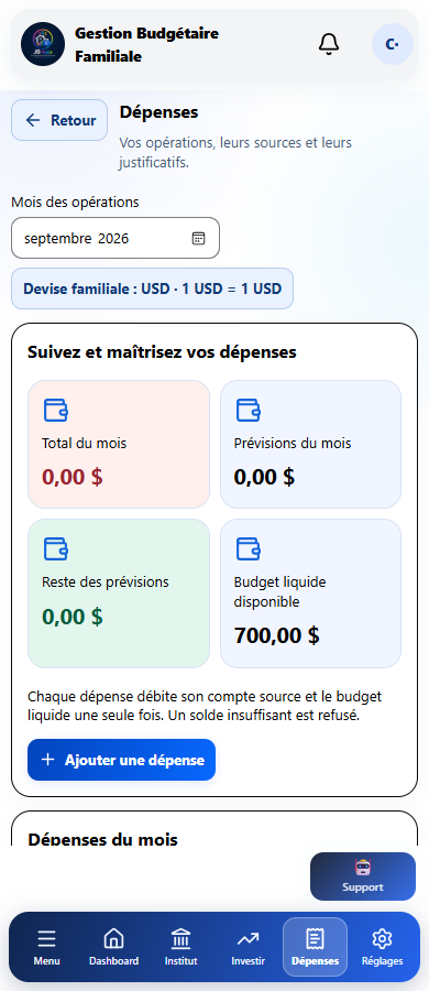 Écran réel Dépenses avec des données de démonstration.