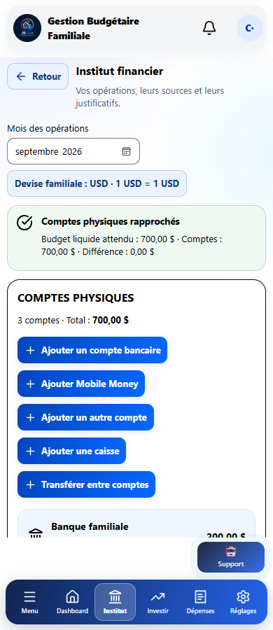 Écran réel Institut financier avec des données de démonstration.