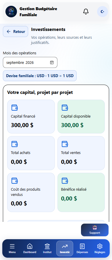 Écran réel Investissements avec des données de démonstration.